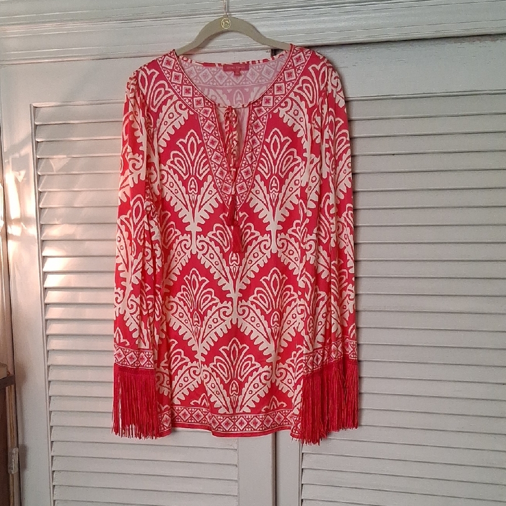Flying Tomato Coral and White Printed Fringe-Sleeve Tunic